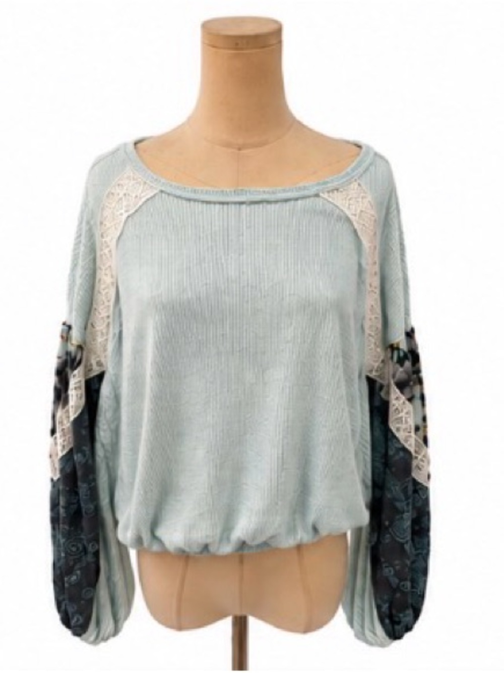 Free People Mint Green Knit Balloon Sleeve Top Floral Crochet Size S